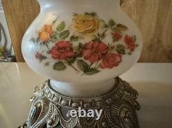 VTG MCM White Milk Glass Hurricane Gone With The Wind Lamp with Silver Base Floral