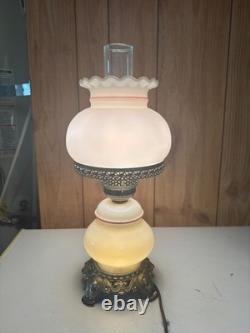 VTG MCM White Milk Glass Hurricane Gone With The Wind Lamp with Silver Base Floral
