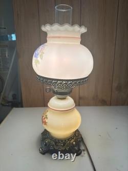 VTG MCM White Milk Glass Hurricane Gone With The Wind Lamp with Silver Base Floral