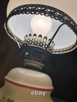 VTG MCM White Milk Glass Hurricane Gone With The Wind Lamp with Silver Base Floral
