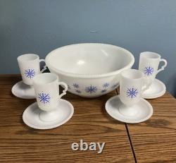 VTG McKee Milk Glass Blue Snowflake Tom & Jerry Punch Bowl Beaded Edge & Cups