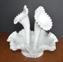 VTG Milk Glass FENTON Diamond Hobnail Vase Serving Dish (4 pce.) Fluted Epergne