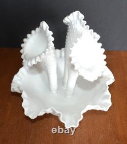 VTG Milk Glass FENTON Diamond Hobnail Vase Serving Dish (4 pce.) Fluted Epergne