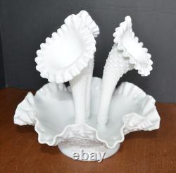 VTG Milk Glass FENTON Diamond Hobnail Vase Serving Dish (4 pce.) Fluted Epergne