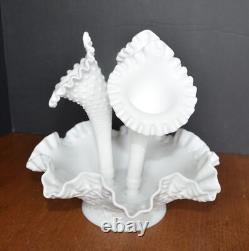 VTG Milk Glass FENTON Diamond Hobnail Vase Serving Dish (4 pce.) Fluted Epergne