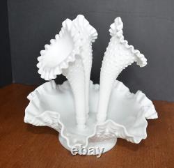 VTG Milk Glass FENTON Diamond Hobnail Vase Serving Dish (4 pce.) Fluted Epergne