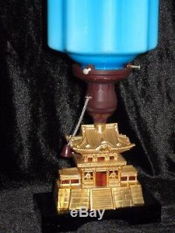 VTG PAGODA TOWER w Goldfish MOTION lamp Brass Bakelite & Blue Milk Glass RARE