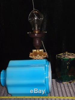 VTG PAGODA TOWER w Goldfish MOTION lamp Brass Bakelite & Blue Milk Glass RARE
