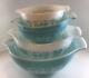 Vtg Pyrex Amish Butterprint Set Of 4 Nesting Cinderella Bowls Turquoise/white