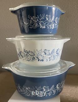 VTG PYREX White Blue Daisy COLONIAL MIST Cinderella Casserole With Lid 473 474 475