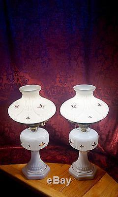 VTG Pair White Milk Glass Hurricane Table Lamps Fleur-de-lis Gold Leaf Hobnail