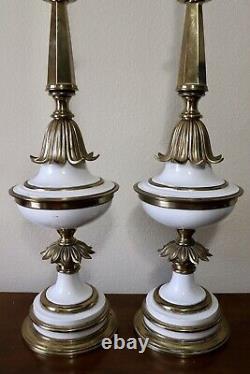 VTG Pair of White Stiffel Hollywood Regency Brass Torchiere Lamps, Milk Glass