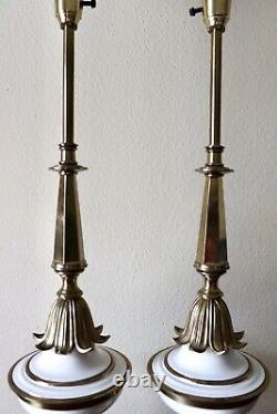 VTG Pair of White Stiffel Hollywood Regency Brass Torchiere Lamps, Milk Glass