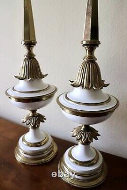 VTG Pair of White Stiffel Hollywood Regency Brass Torchiere Lamps, Milk Glass