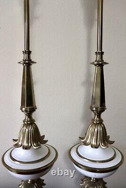 VTG Pair of White Stiffel Hollywood Regency Brass Torchiere Lamps, Milk Glass