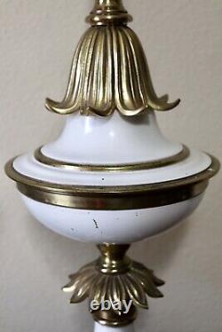 VTG Pair of White Stiffel Hollywood Regency Brass Torchiere Lamps, Milk Glass