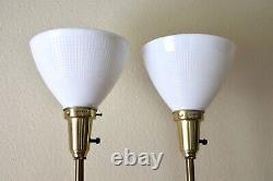 VTG Pair of White Stiffel Hollywood Regency Brass Torchiere Lamps, Milk Glass