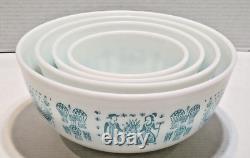 VTG Pyrex Amish Butter Print Nesting Mixing Bowls Turquoise/ White set 4