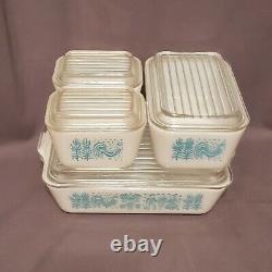 VTG Pyrex Butterprint Rooster 8pc Refrigerator Dish Set White Turquoise Blue