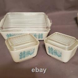 VTG Pyrex Butterprint Rooster 8pc Refrigerator Dish Set White Turquoise Blue