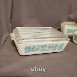 VTG Pyrex Butterprint Rooster 8pc Refrigerator Dish Set White Turquoise Blue