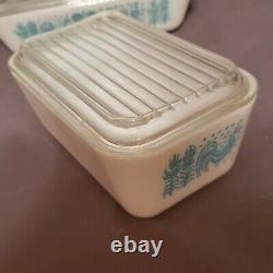 VTG Pyrex Butterprint Rooster 8pc Refrigerator Dish Set White Turquoise Blue