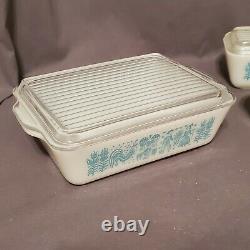 VTG Pyrex Butterprint Rooster 8pc Refrigerator Dish Set White Turquoise Blue