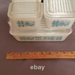 VTG Pyrex Butterprint Rooster 8pc Refrigerator Dish Set White Turquoise Blue