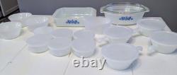 VTG Set of 20 Anchor Hocking Fire-King Blue Floral Milk Glass USA Casserole Cups