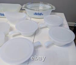VTG Set of 20 Anchor Hocking Fire-King Blue Floral Milk Glass USA Casserole Cups