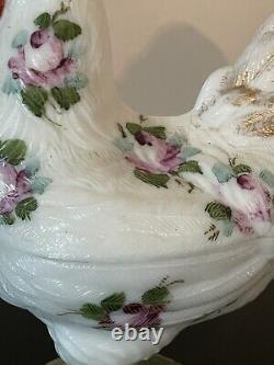 VTG WESTMORELAND CHARLETON Milk Glass Standing Rooster Roses Gold Covered Dish