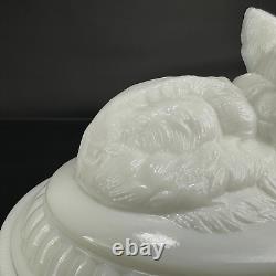 VTG Westmoreland Fox On Nest Basket Covered Dish Milk Glass Yellow Eye Farmhouse