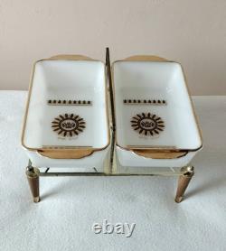 Very RARE Georges Briard MCM milk glass casserole dishes w metal warming stand