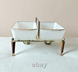 Very RARE Georges Briard MCM milk glass casserole dishes w metal warming stand
