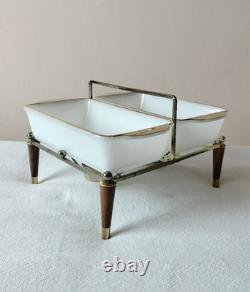 Very RARE Georges Briard MCM milk glass casserole dishes w metal warming stand