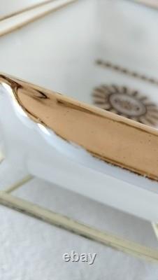 Very RARE Georges Briard MCM milk glass casserole dishes w metal warming stand