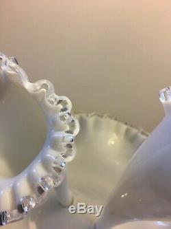 Victorian 3 Horn Glass Epergne Milk Glass Silver Crest Ruffled Rims
