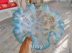 Victorian Art Glass BLUE WHITE cased ruffled Brides Bowl Dish Pink Enamel Gilded