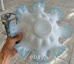 Victorian Art Glass BLUE WHITE cased ruffled Brides Bowl Dish Pink Enamel Gilded