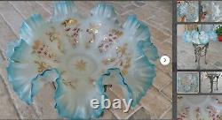 Victorian Art Glass BLUE WHITE cased ruffled Brides Bowl Dish Pink Enamel Gilded