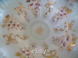 Victorian Art Glass BLUE WHITE cased ruffled Brides Bowl Dish Pink Enamel Gilded