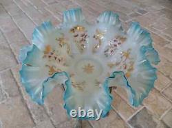 Victorian Art Glass BLUE WHITE cased ruffled Brides Bowl Dish Pink Enamel Gilded