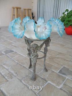 Victorian Art Glass BLUE WHITE cased ruffled Brides Bowl Dish Pink Enamel Gilded