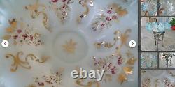 Victorian Art Glass BLUE WHITE cased ruffled Brides Bowl Dish Pink Enamel Gilded