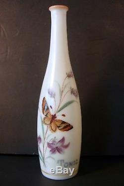 Victorian Barber Bottle Hair Tonic Milk Glass Hand Painted with Butterfly C. 1880