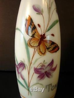Victorian Barber Bottle Hair Tonic Milk Glass Hand Painted with Butterfly C. 1880