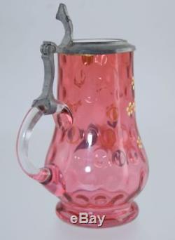 Victorian CRANBERRY & ENAMEL MINIATURE STEIN withPEWTER & MILK GLASS LID ANTIQUE