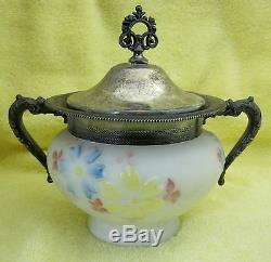 Victorian Cosmos Style Milk Glass Sweet Meats Dish with Silver Plate Handle