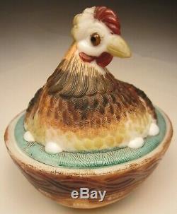 Victorian Glass by Challinor, Taylor & Co. HP Milk Glass Dominecker Hen on Nest