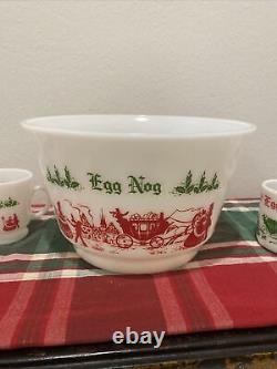 Vintage 11 Piece Egg Nog Punch Bowl Cup Set Hazel Atlas Milk Glass Currier Ives